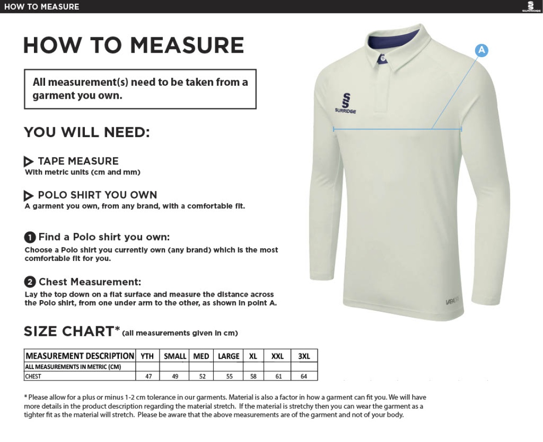 Seniors Dual Cricket Shirt Long Sleeve - Size Guide