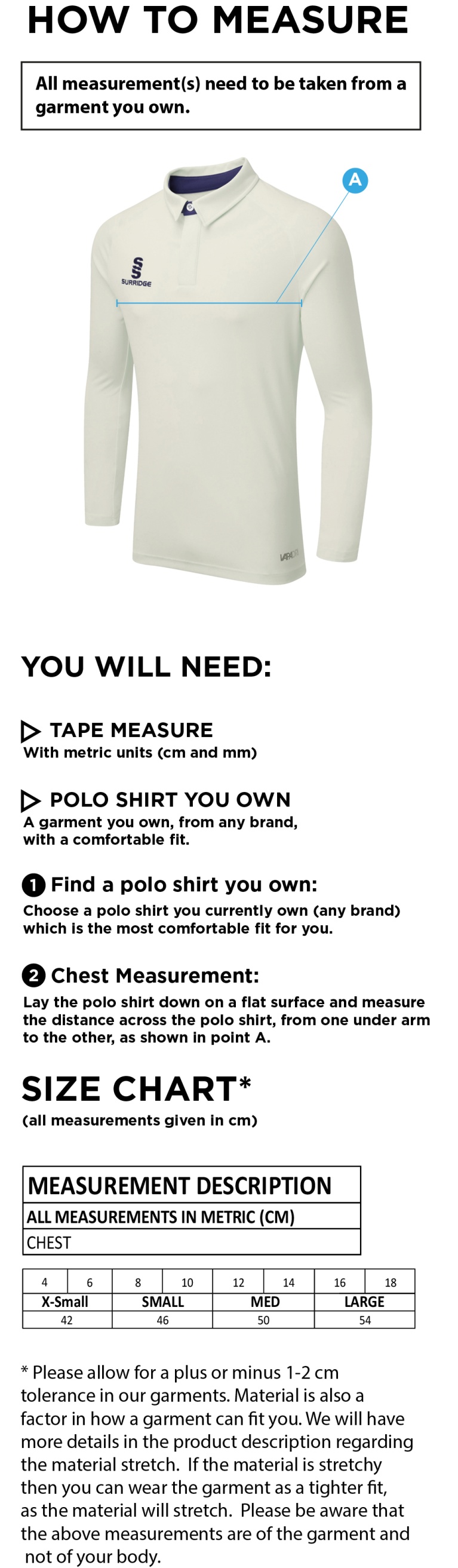 Letchworth CC DUAL LONG SLEEVE CRICKET SHIRT (WOMENS)-Ivory - Size Guide