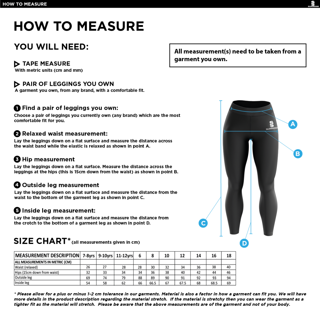 Letchworth CG CC Performance Full Length Leggings : Navy - Size Guide